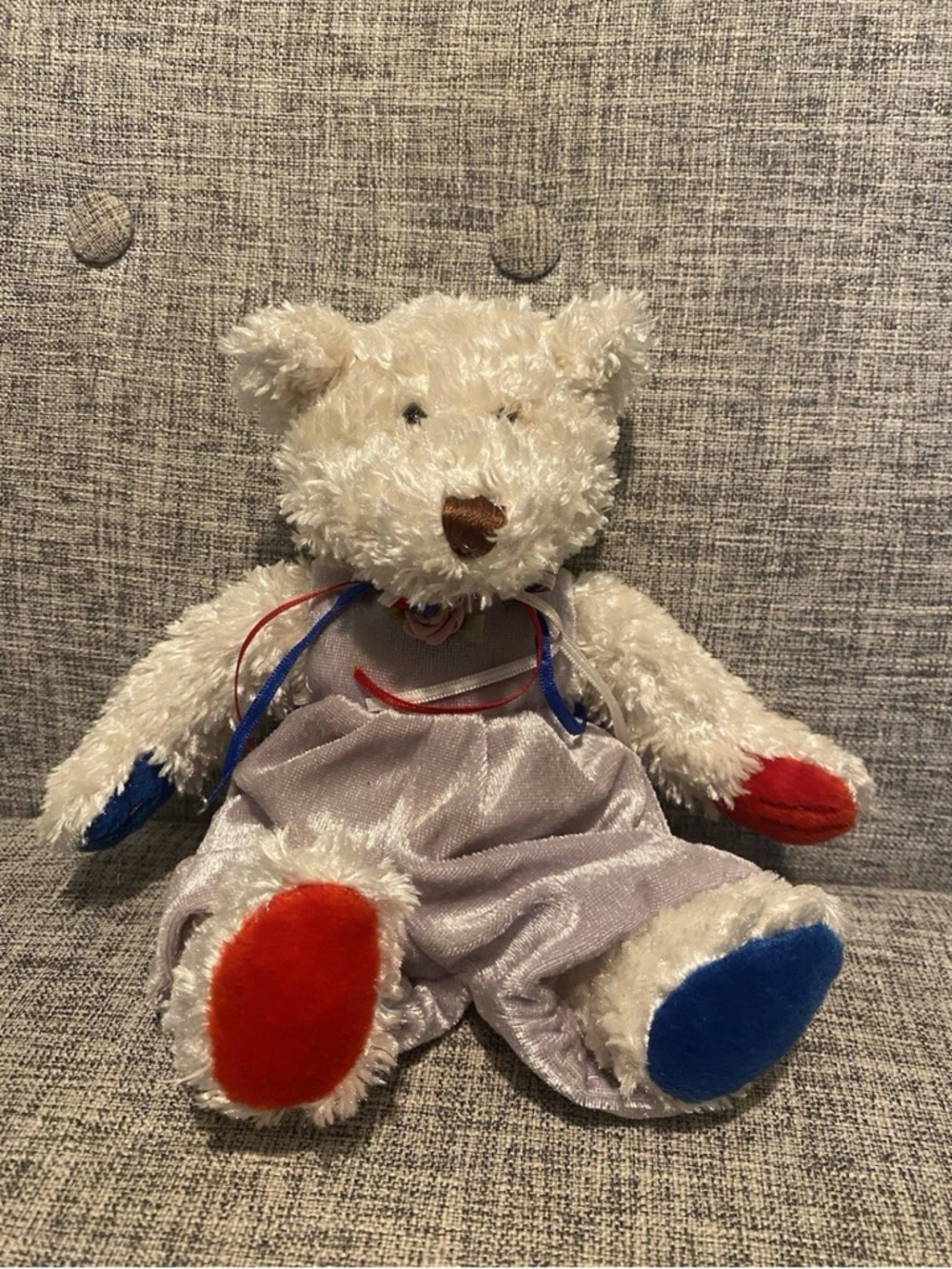 Plush White Teddy Bear with Red & Blue Accents - Kids Toy